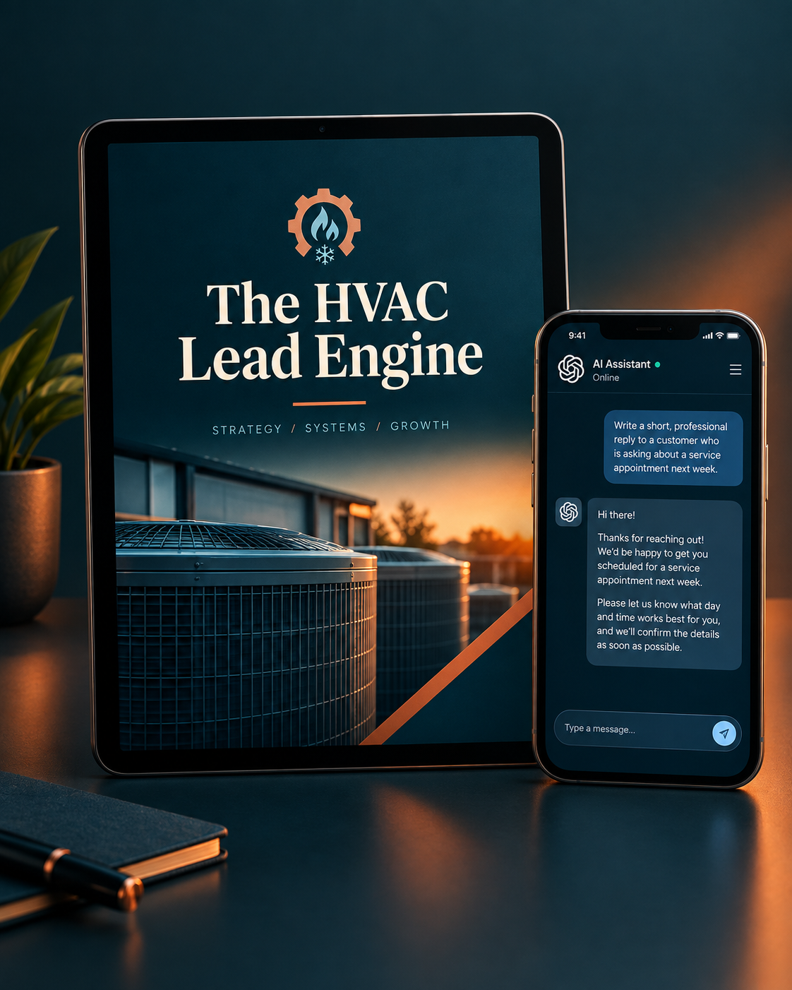 The HVAC Lead Engine digital toolkit shown on a tablet and phone