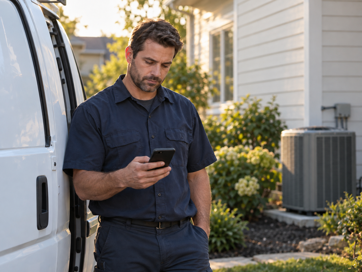 Illustrative HVAC contractor checking a customer message beside a service van